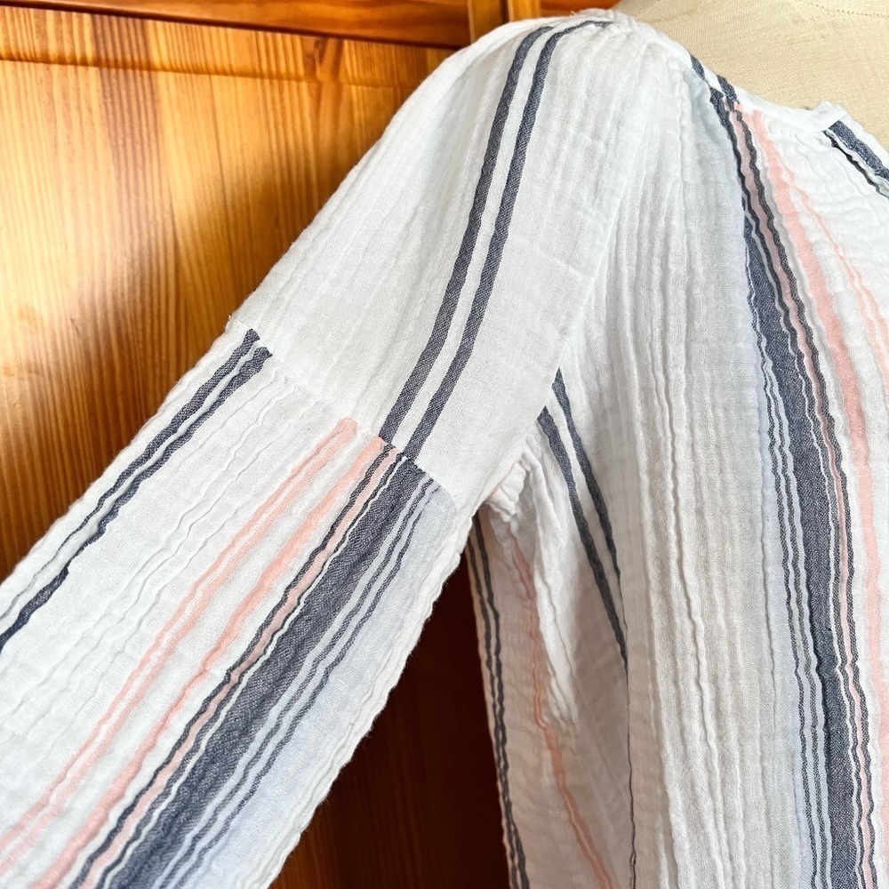 Beach Lunch Lounge Medium Cotton Pastel Stripe Neutral Shirt Coastal Casual Soft - Picture 6 of 9